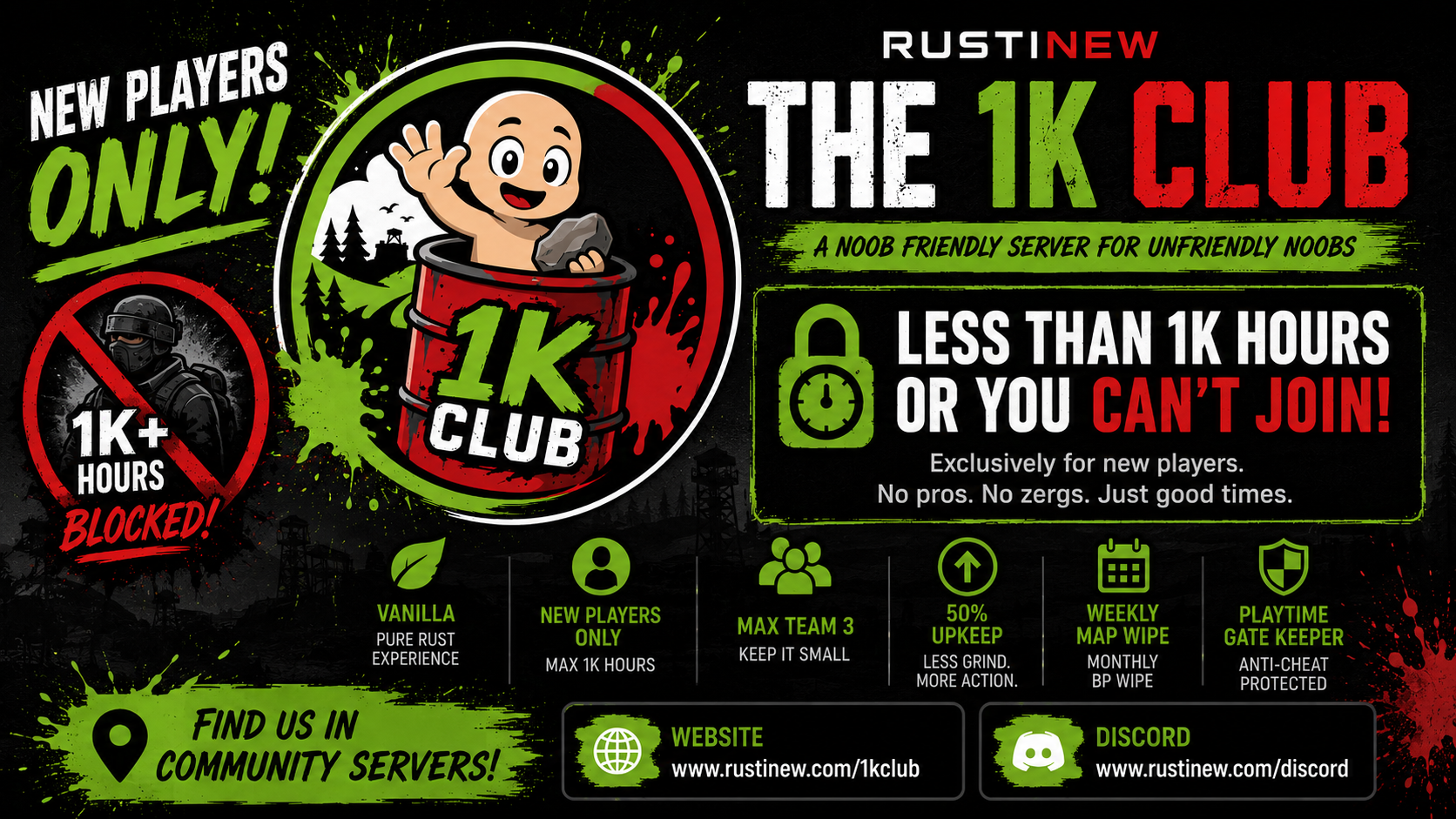 The 1k Club — New Players Only, under 1000 hours. A noob-friendly server for unfriendly noobs.